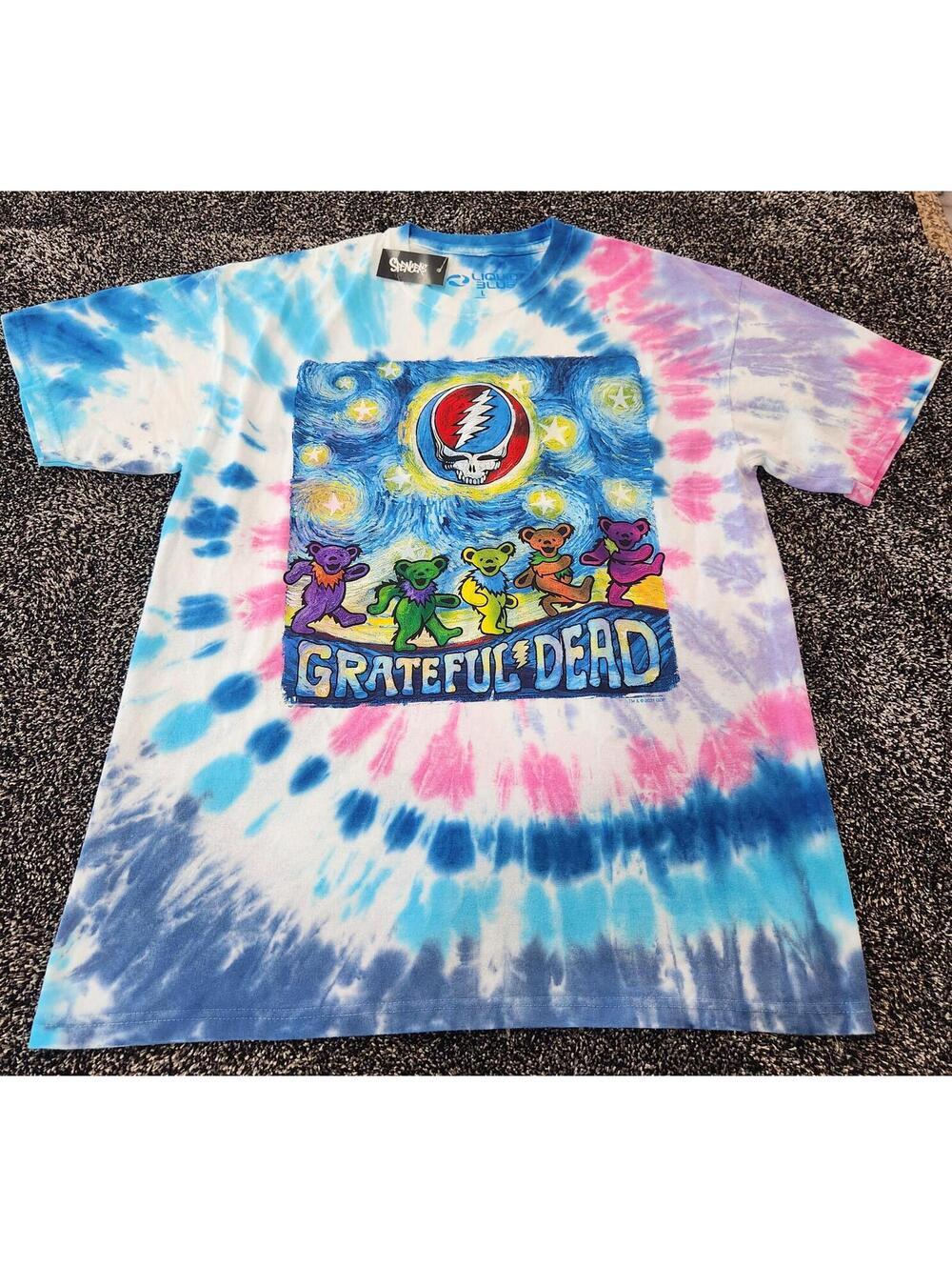 New Liquid Blue Grateful Dead Starry Dancing Bears Tie-Dye Shirt Large Y2K Style